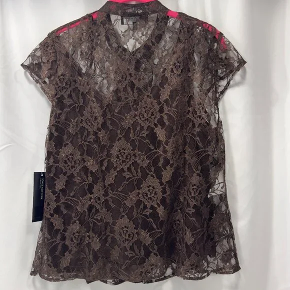 Jones New York Collection sz12 Manderin Banded Collar Lace Top Silk Cami Ruffled - Picture 4 of 16